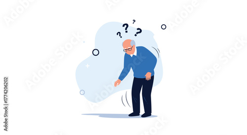 An elderly man with question marks above his head represents confusion, memory loss, or cognitive decline often associated with aging or dementia.