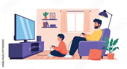 A father and son are enjoying quality time together by playing video games on a console in their cozy living room, fostering connection and fun.