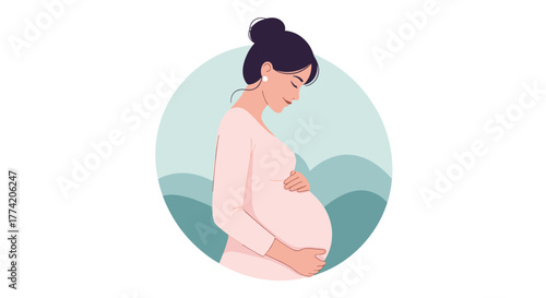 A serene pregnant woman gently cradles her baby bump with a peaceful smile, embodying the loving anticipation of motherhood.