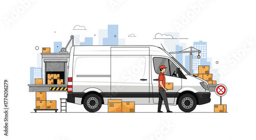 Delivery worker loads boxes onto a white van at a bustling urban logistics center, showcasing efficient shipping and warehouse operations.