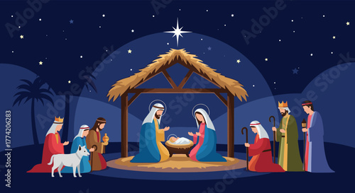 Nativity scene illustration depicting Mary, Joseph, baby Jesus, the Three Wise Men, and shepherds gathered under the bright Star of Bethlehem.
