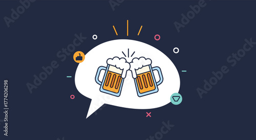 Illustration of two beer mugs clinking inside a white chat bubble, representing social interaction, celebration, and good times.