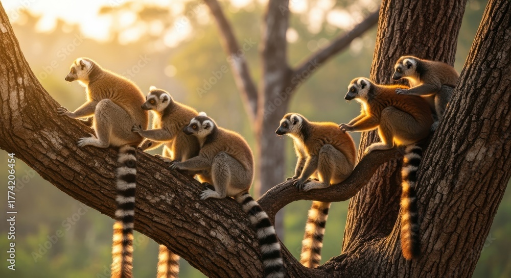 Obraz premium Ring-tailed lemurs perched peacefully on a tree branch under the sunrise light