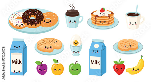 An adorable assortment of kawaii breakfast foods and fresh fruits, including smiling donuts, pancakes, milk, coffee, eggs, and sweet pastries.