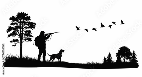Hunter aiming at flying birds with dog silhouette in nature scene.