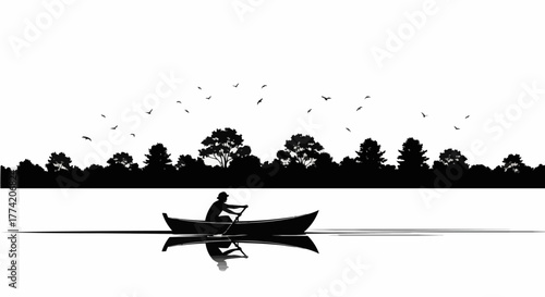 Silhouette of a lone person rowing a small boat on calm water.