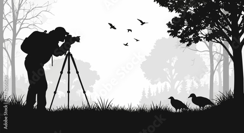 Silhouette of a wildlife photographer capturing birds in nature.