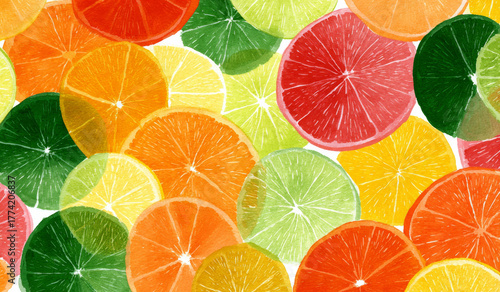 Colorful citrus slices including oranges, limes, lemons, and grapefruits create vibrant and refreshing pattern, evoking sense of summer joy