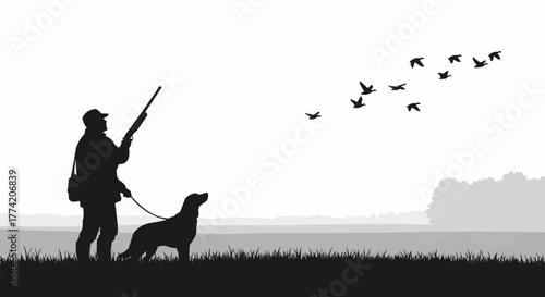 Hunter and loyal dog silhouette ready for duck hunting.