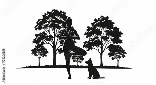 Woman practicing yoga in tree pose with a dog.