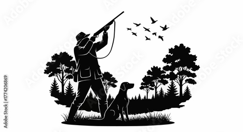 Hunter with his loyal dog aiming a shotgun at birds.