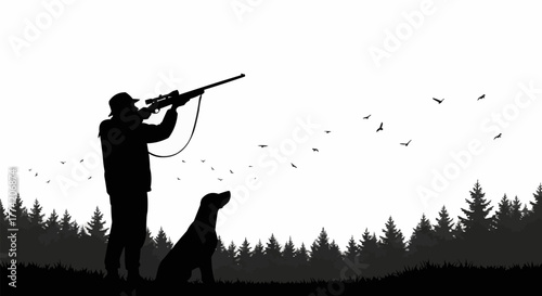 Hunter and Dog Silhouette Aiming Rifle at Birds in Flight.