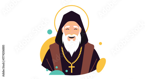 A cheerful cartoon depiction of an old bearded monk or saint in a hooded robe, wearing a rosary with a cross and a halo.