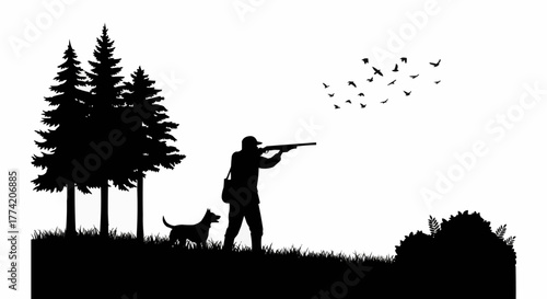Hunter aiming shotgun with dog by side in silhouette.