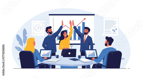 Professional business team celebrating project success with high-fives and a positive attitude during an important corporate meeting.