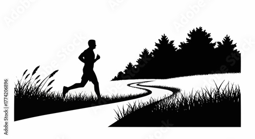 Silhouette of a person running outdoors on a path.