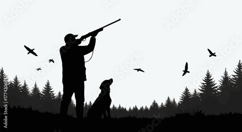 Silhouette of Hunter Aiming Rifle with Dog in Forest.