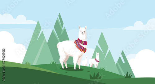 An illustration of a beautiful white llama wearing a colorful scarf, standing on a green hill with two smaller llamas and mountains in the background.