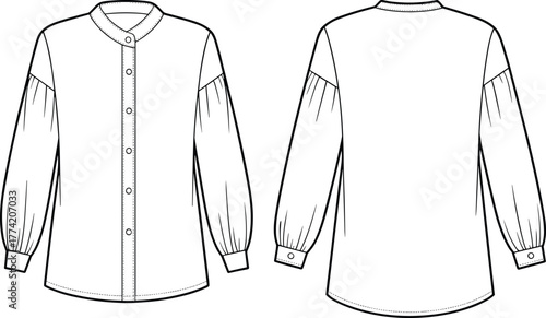 Long sleeve women shirt technical flat sketch, front and back fashion vector template with button placket, cuffed sleeves, and mandarin collar design