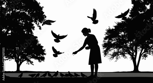 Silhouette of a woman feeding pigeons in a park.
