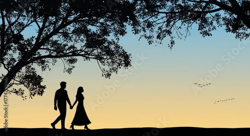Silhouette of a Couple Walking Hand-in-Hand at Sunset.