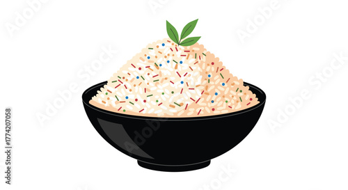 A vibrant illustration of a black bowl overflowing with a mound of white rice, adorned with colorful sprinkles and fresh green leaves.