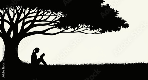 Silhouette of a woman reading under a large tree.
