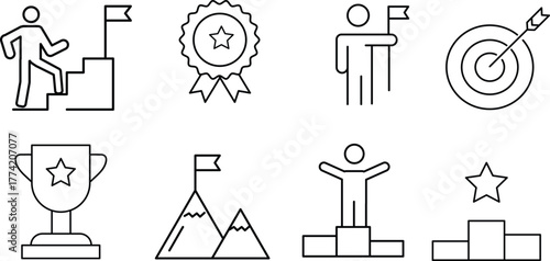 Success Icon Set – Achievement, Goal, and Business Growth Line Vector Collection