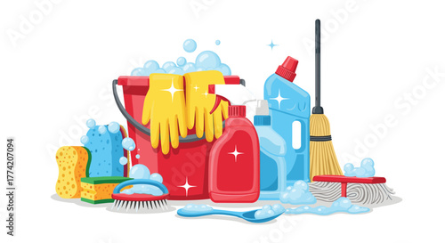 Essential household cleaning tools and detergents, including a bucket, gloves, sponges, brushes, a broom, and a mop, surrounded by suds.