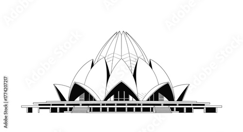An elegant black and white line drawing illustrates the iconic Lotus Temple in New Delhi, India, showcasing its distinctive flower-like architecture.