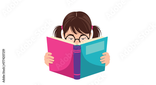 A cute cartoon girl with pigtails and glasses is deeply absorbed in reading an open book, symbolizing education and a love for literature.