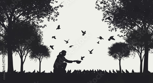 Silhouette of a person feeding birds in a park.