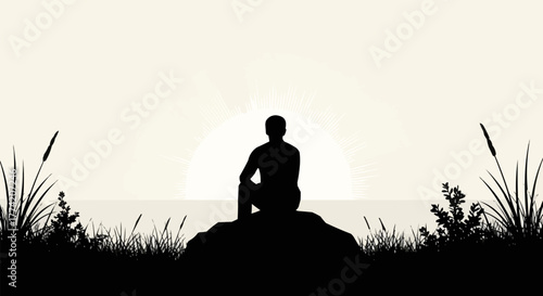 Silhouette of a person sitting on a rock contemplating the horizon.