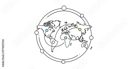 Illustrated world map depicting a global network of interconnected locations and data distribution points.