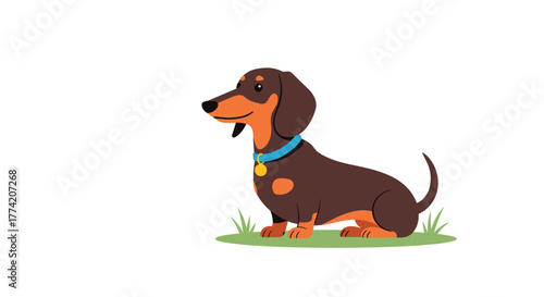 An adorable cartoon dachshund dog, featuring brown and tan markings and a blue collar, sits happily on a patch of green grass.