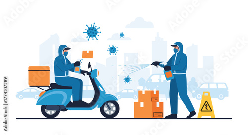 Delivery personnel in protective suits sanitize packages and the environment amidst a viral outbreak in a city, ensuring safe service.