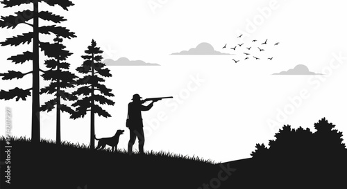 Hunter with dog aiming at birds in the forest silhouette.