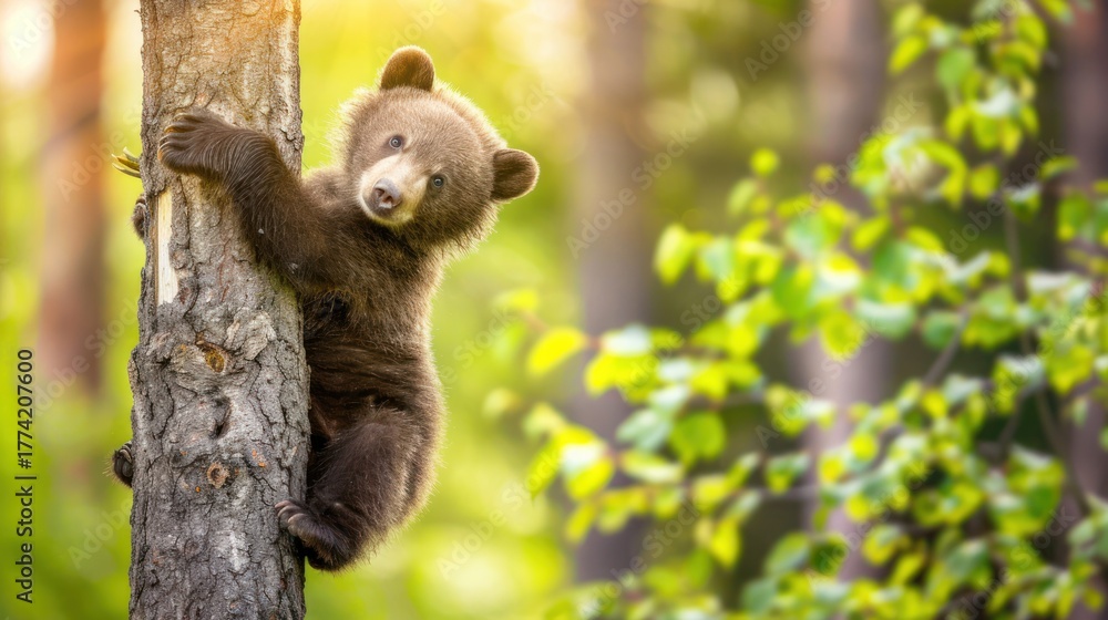 Obraz premium Cute Brown Bear Cub Climbing Tree in Forest Scene