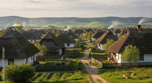 Wallpaper Mural Idyllic village panorama with traditional thatched roof houses at sunrise Torontodigital.ca