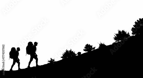 Two backpackers hiking uphill, silhouetted against a bright background, showcasing adventure and exploration.