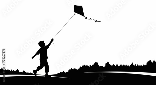 Silhouette of a child flying a kite on a bright sunny day.