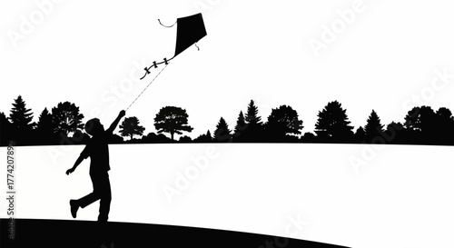 Silhouette of a child joyfully flying a kite on a sunny day.