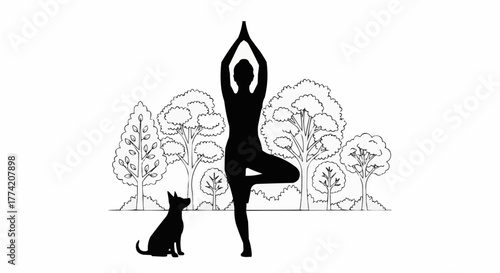 Silhouette of Woman in Tree Pose with Dog in Nature.
