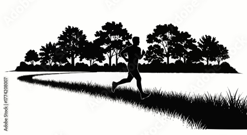 Silhouette of a man running on a path with trees.