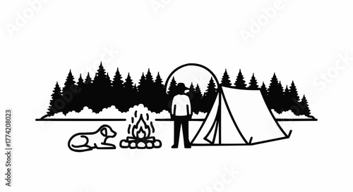 Man Dog Campfire Tent Under Moonlit Sky.