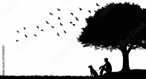 Silhouette of a man with his dog under a tree watching birds fly.