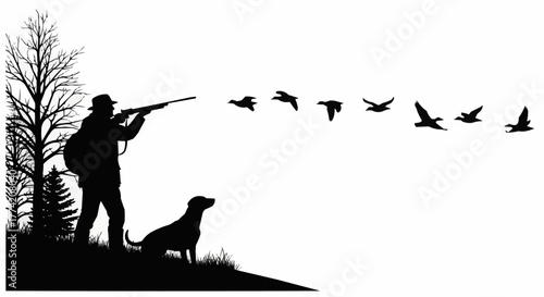 Black silhouette of a hunter and his dog hunting ducks.