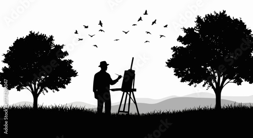Silhouette of an Artist Painting Outdoors with Easel and Brush.
