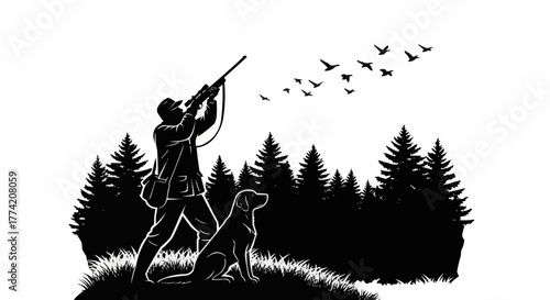 Hunter and Dog in Forest with Flying Birds Silhouette.