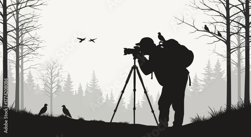 Silhouette of a wildlife photographer capturing birds in a forest setting.